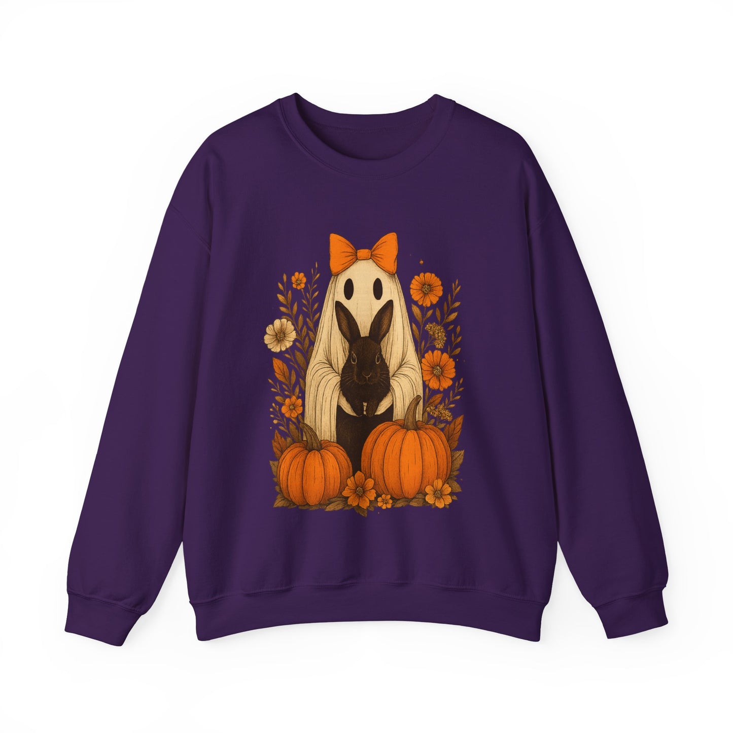 Vintage Black Rabbit with Pumpkins & Florals - Ghostly Garden Bunny Halloween Sweatshirt – Autumn Ghost Crewneck - Cozy Cute Gift