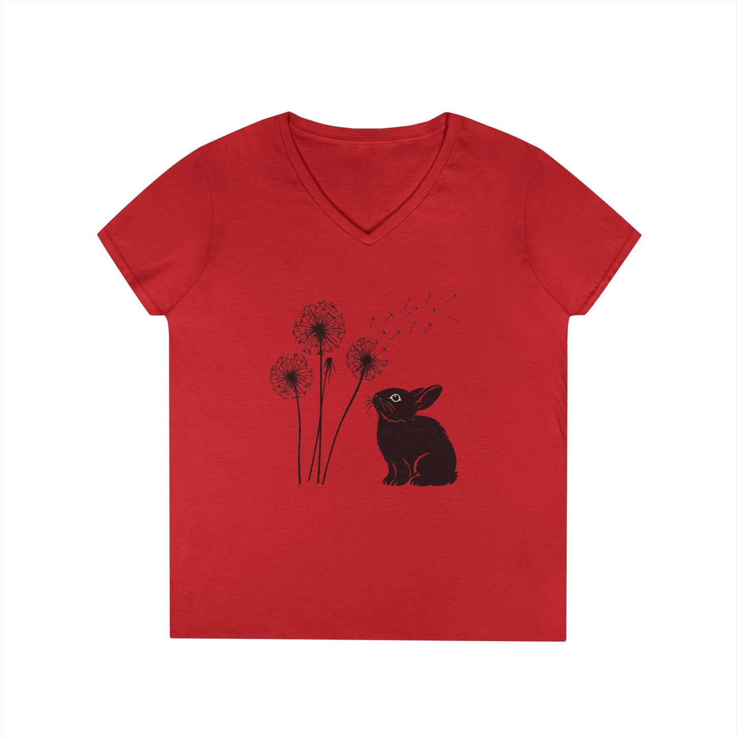 Wishful Whiskers Bunny & Dandelion V-Neck Tee – Cuniculture Club Original Whimsical Rabbit Shirt - Floral Dandelion Fashion - Nature Lover Gift