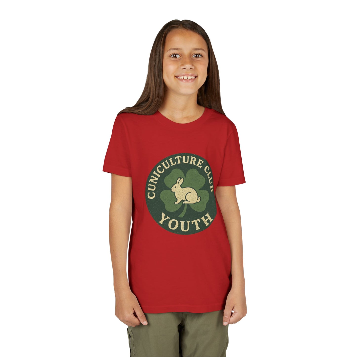 Cuniculture Club Youth Unisex T-Shirt – Distressed Clover & Bunny Emblem Tee - Fun Farm Kids Rabbit Club Shirt