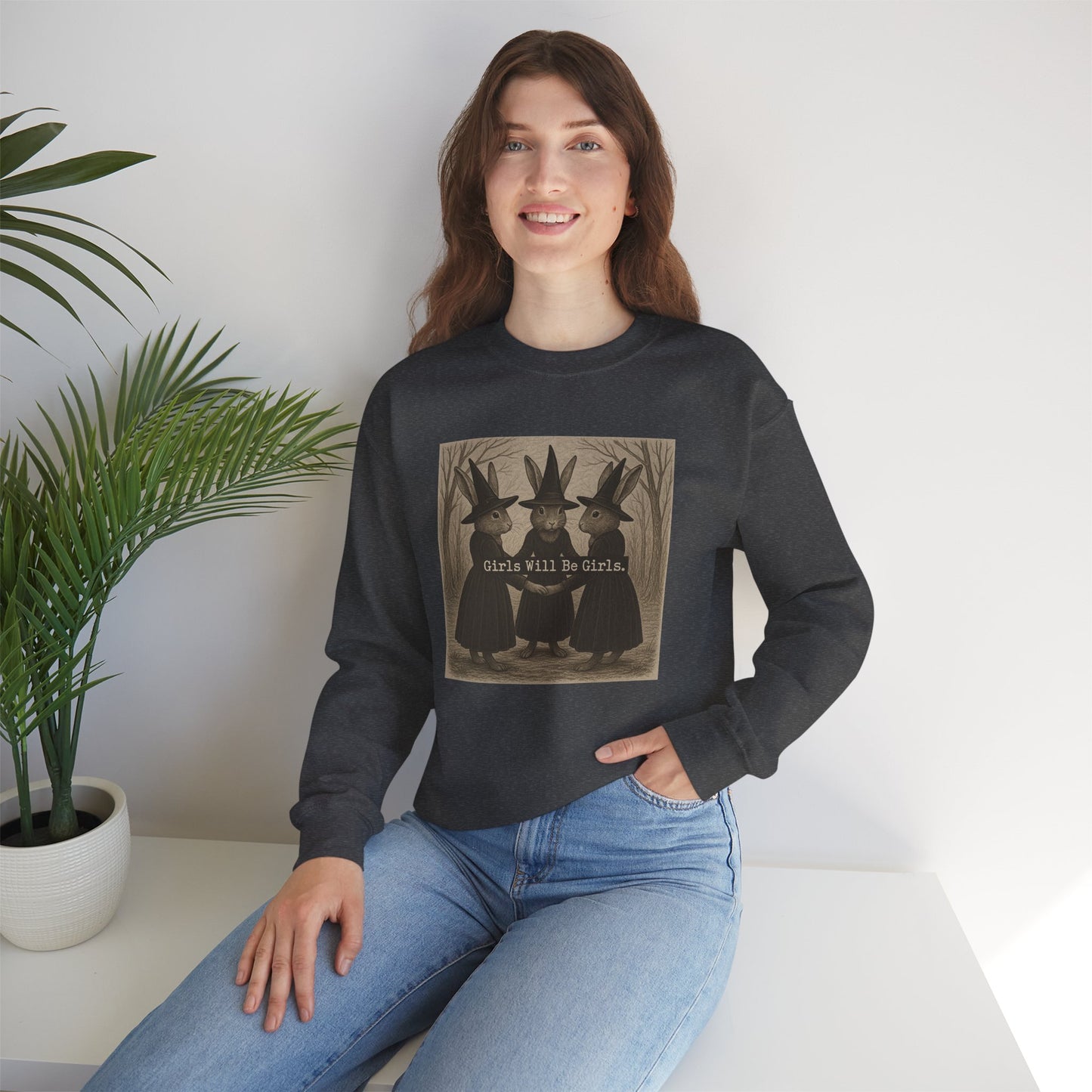Girls Will Be Girls – Witchy Rabbit Crewneck Sweatshirt | Cozy Whimsical Rabbit Sweatshirt for Girls & Women - Halloween & Fall Collection