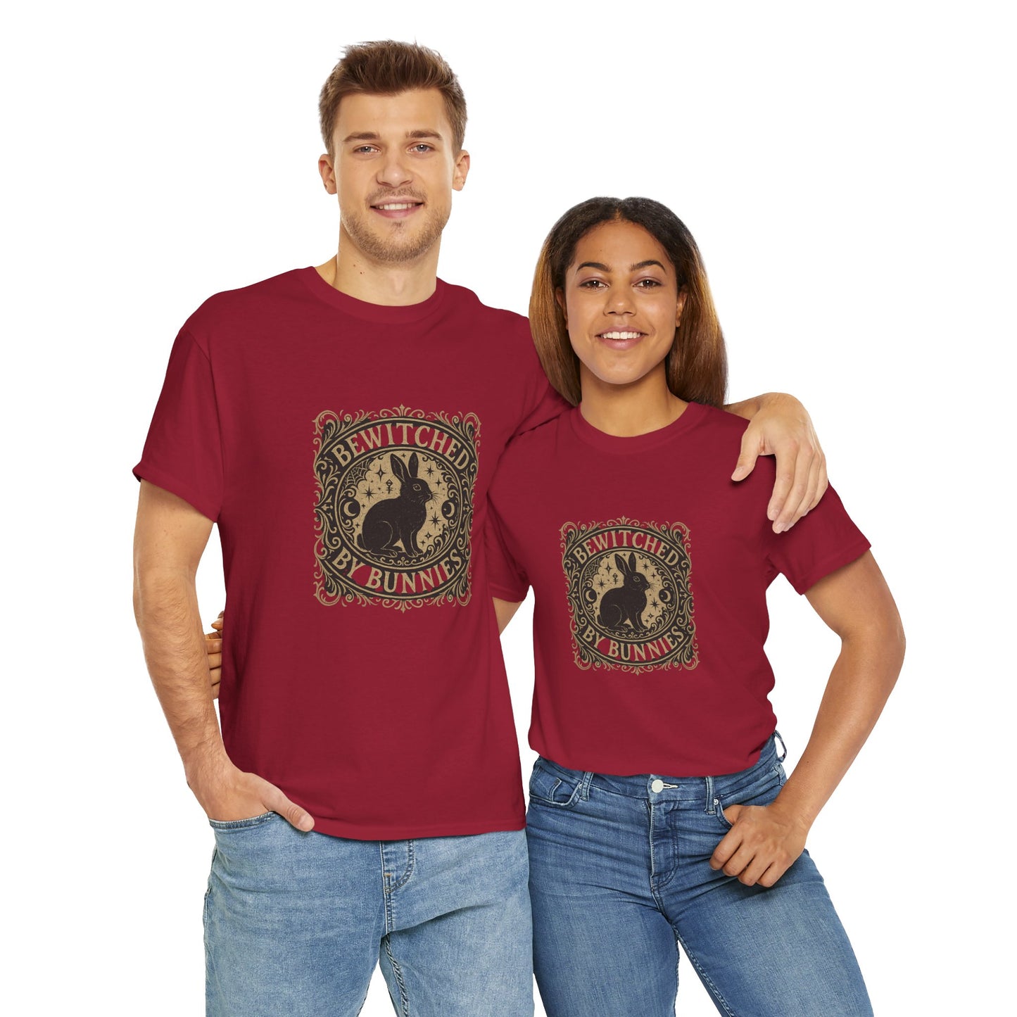 Bewitched by Bunnies Unisex Heavy Cotton T-Shirt – Enchanted Rabbit Halloween & Fall Graphic Tee | Bunny Lovers Gift