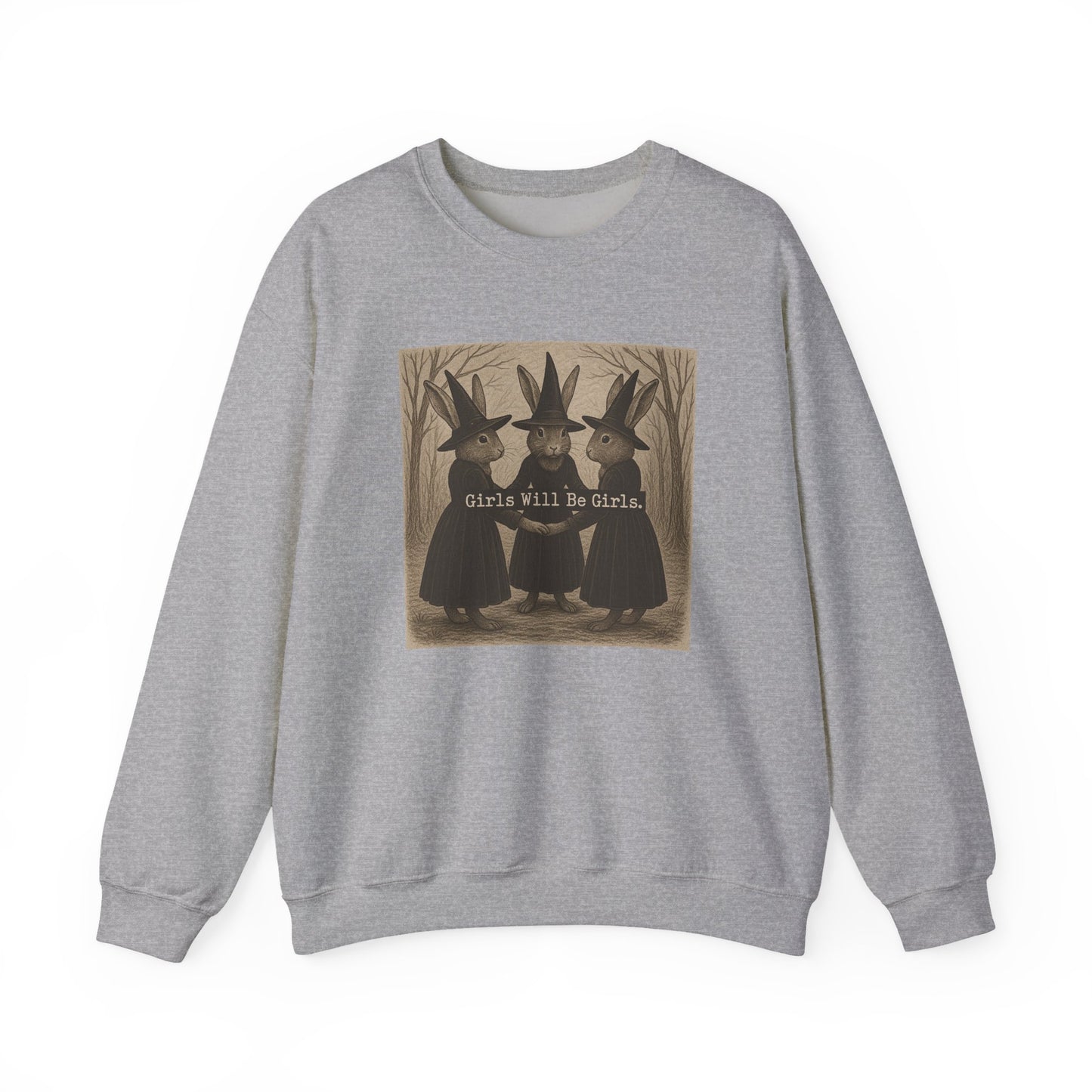 Girls Will Be Girls – Witchy Rabbit Crewneck Sweatshirt | Cozy Whimsical Rabbit Sweatshirt for Girls & Women - Halloween & Fall Collection