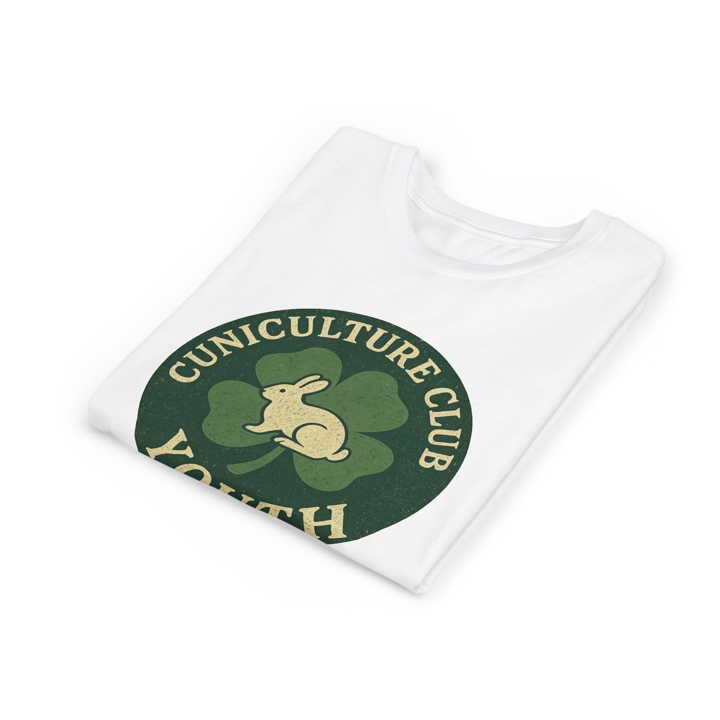 Cuniculture Club Youth Unisex T-Shirt – Distressed Clover & Bunny Emblem Tee - Fun Farm Kids Rabbit Club Shirt