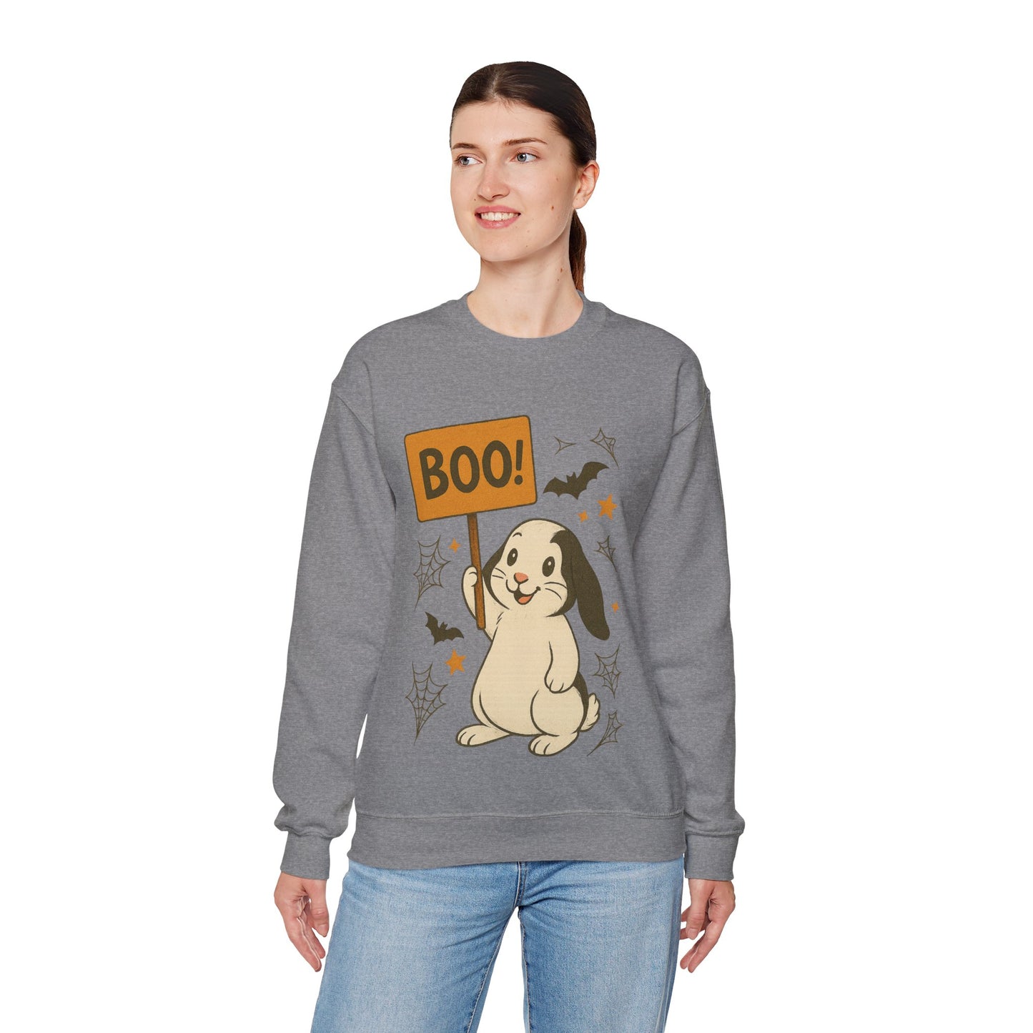 Boo Bunny Halloween Sweatshirt – Cozy Lop-Eared Rabbit & Spooky-Cute Fall Vibes - Unisex Heavy Blend™ Crewneck
