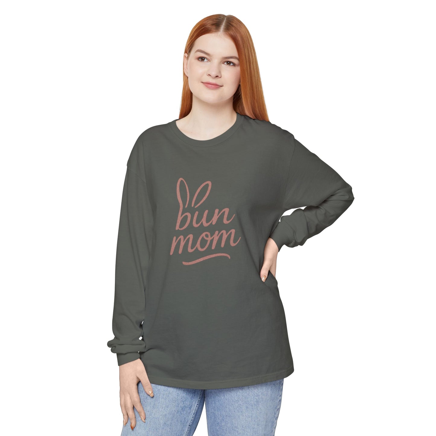 Bun Mom Long Sleeve T-Shirt | Rabbit Ears Vintage Dusty Rose Ink Script Tee - Bunny Lovers Gift Idea