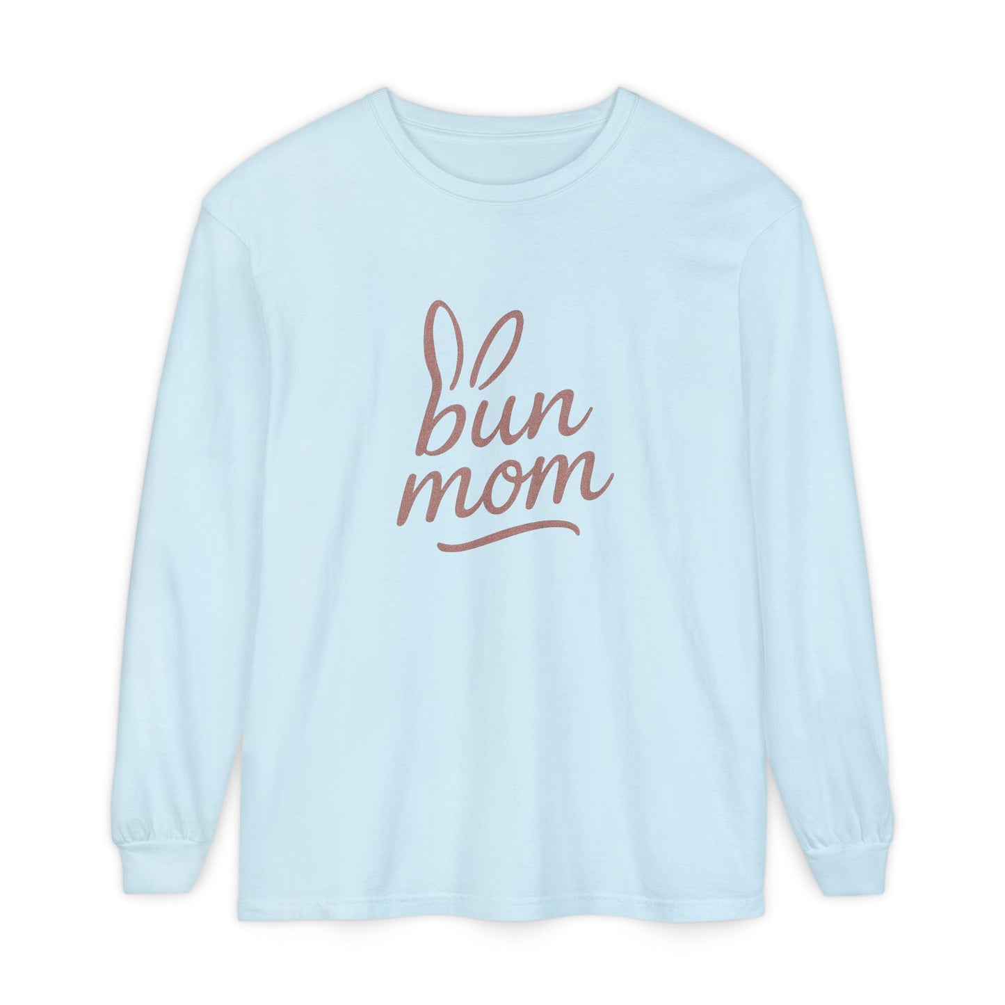 Bun Mom Long Sleeve T-Shirt | Rabbit Ears Vintage Dusty Rose Ink Script Tee - Bunny Lovers Gift Idea