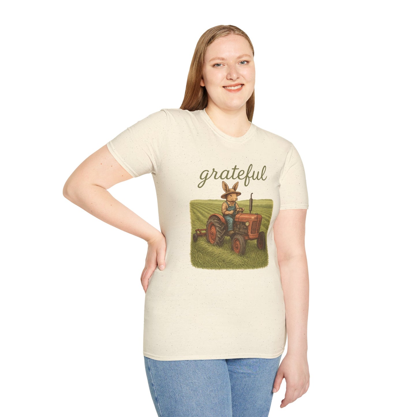 Grateful Acres Tractor Bunny Tee - Unisex Softstyle T-Shirt - Country Apparel - Farm Life Tee - Gift for Farmers & Rabbit Owners