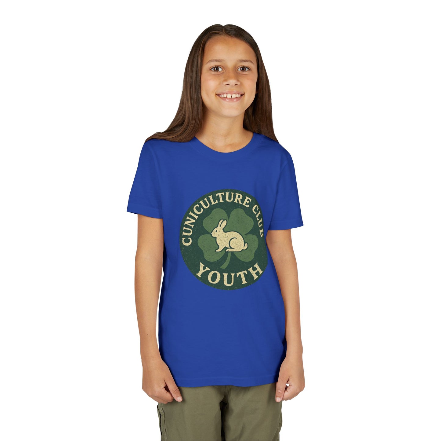 Cuniculture Club Youth Unisex T-Shirt – Distressed Clover & Bunny Emblem Tee - Fun Farm Kids Rabbit Club Shirt