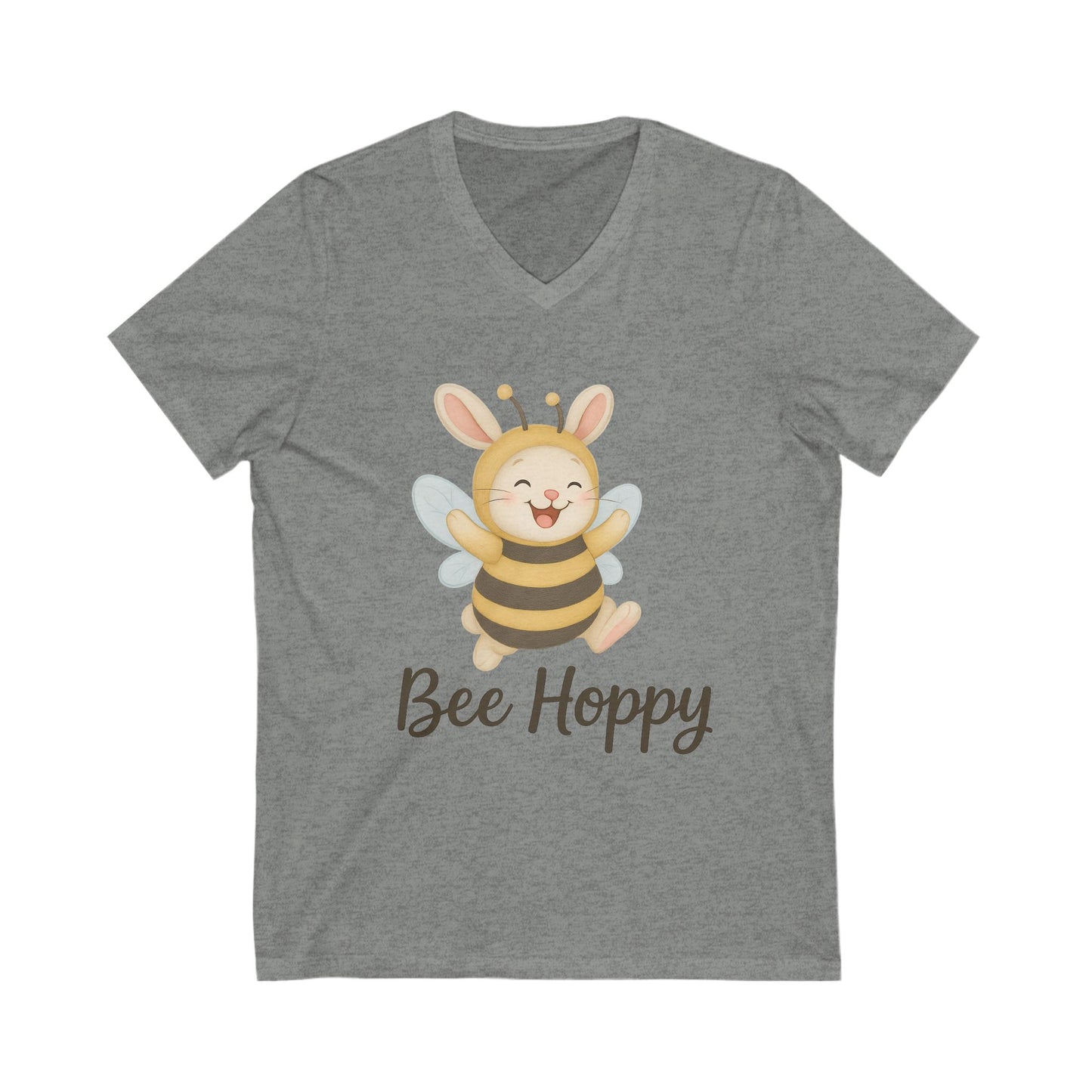 Bee Hoppy Bunny V-Neck T-Shirt – Cheerful Rabbit in Bumblebee Costume - Unisex Jersey Short Sleeve Tee