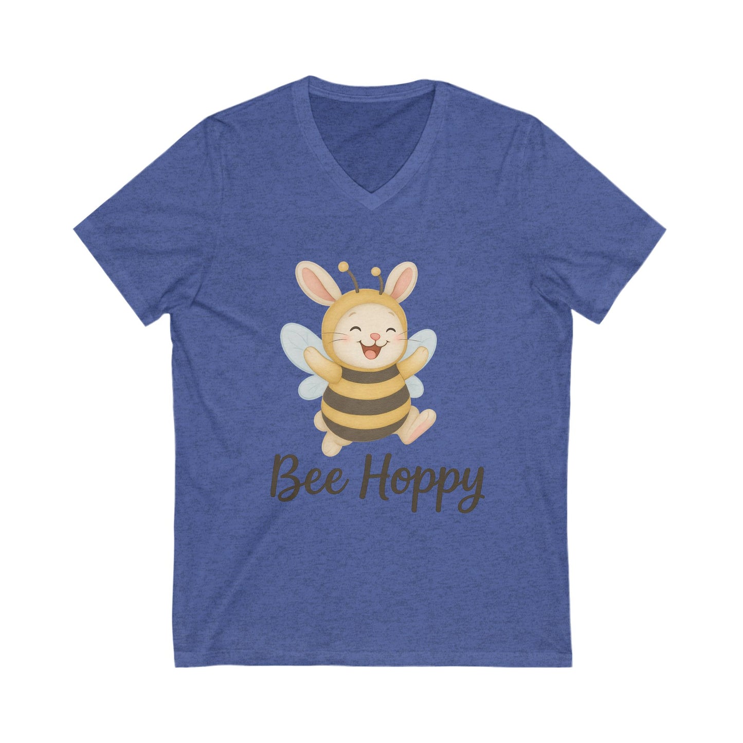 Bee Hoppy Bunny V-Neck T-Shirt – Cheerful Rabbit in Bumblebee Costume - Unisex Jersey Short Sleeve Tee