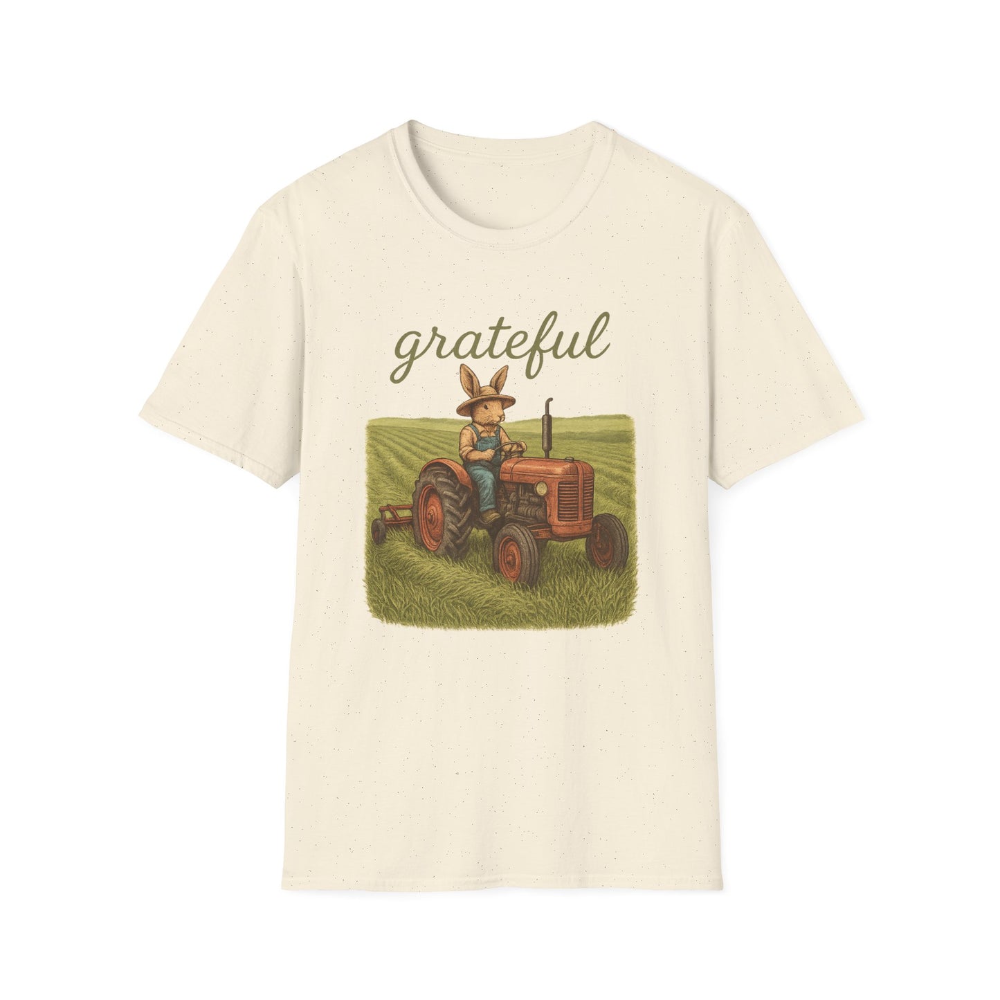 Grateful Acres Tractor Bunny Tee - Unisex Softstyle T-Shirt - Country Apparel - Farm Life Tee - Gift for Farmers & Rabbit Owners
