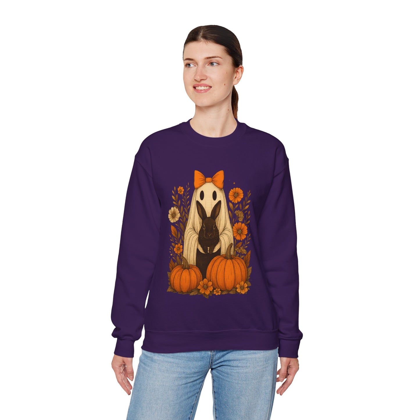 Vintage Black Rabbit with Pumpkins & Florals - Ghostly Garden Bunny Halloween Sweatshirt – Autumn Ghost Crewneck - Cozy Cute Gift