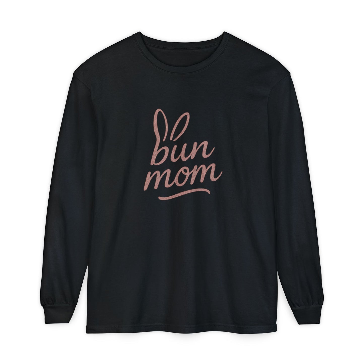 Bun Mom Long Sleeve T-Shirt | Rabbit Ears Vintage Dusty Rose Ink Script Tee - Bunny Lovers Gift Idea