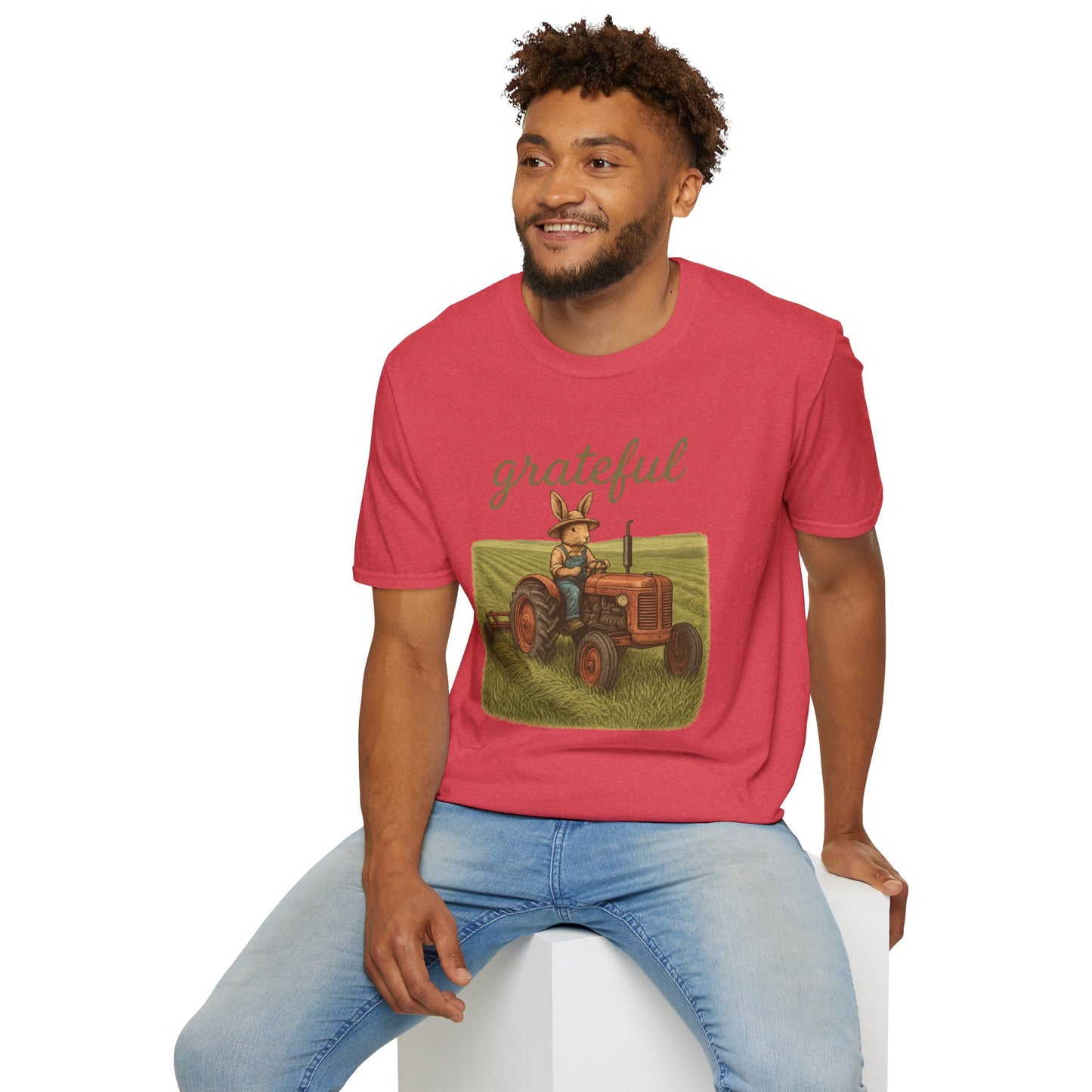 Grateful Acres Tractor Bunny Tee - Unisex Softstyle T-Shirt - Country Apparel - Farm Life Tee - Gift for Farmers & Rabbit Owners