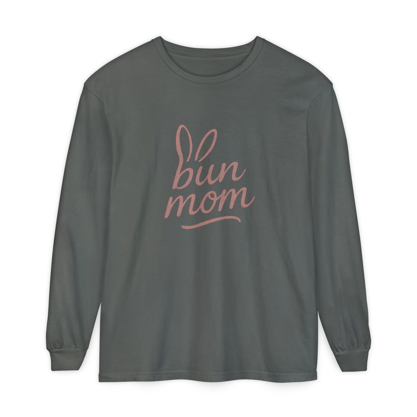 Bun Mom Long Sleeve T-Shirt | Rabbit Ears Vintage Dusty Rose Ink Script Tee - Bunny Lovers Gift Idea