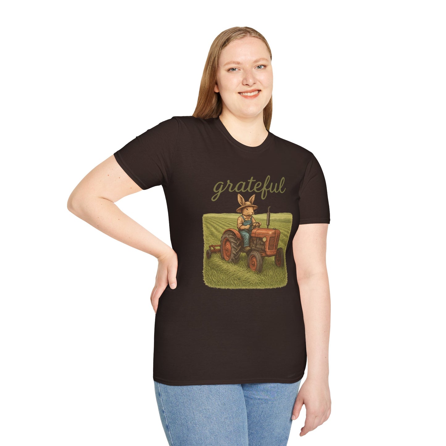 Grateful Acres Tractor Bunny Tee - Unisex Softstyle T-Shirt - Country Apparel - Farm Life Tee - Gift for Farmers & Rabbit Owners