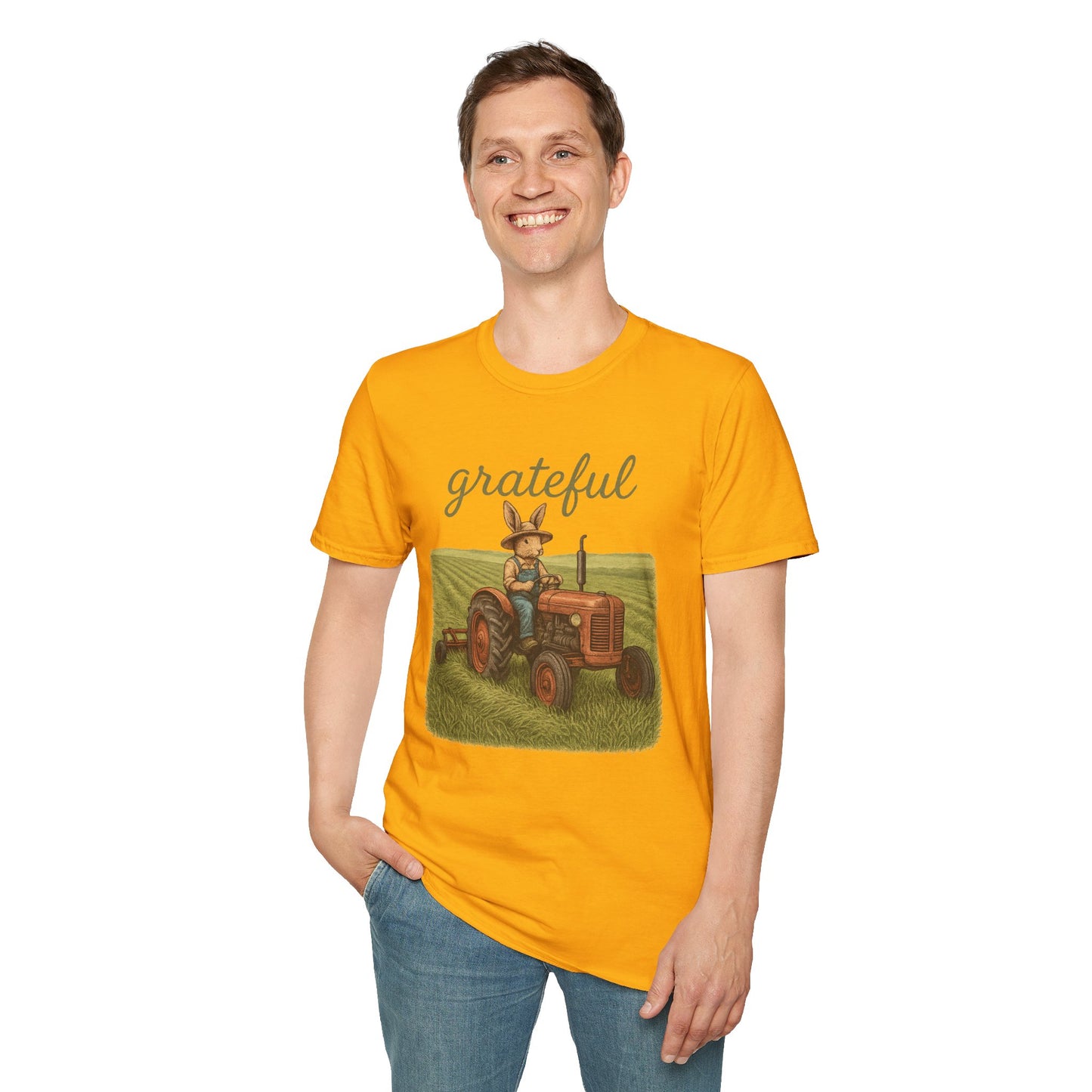 Grateful Acres Tractor Bunny Tee - Unisex Softstyle T-Shirt - Country Apparel - Farm Life Tee - Gift for Farmers & Rabbit Owners