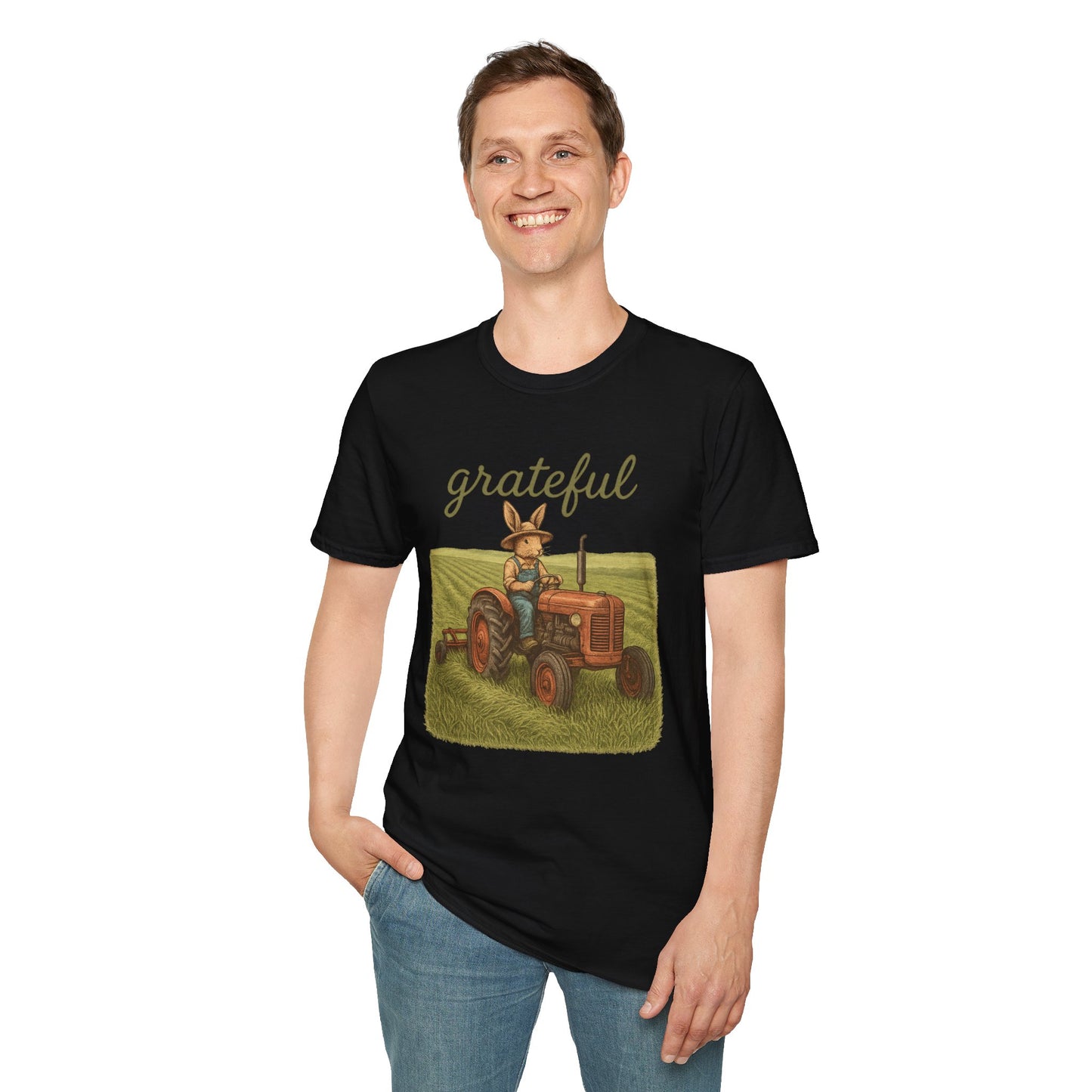 Grateful Acres Tractor Bunny Tee - Unisex Softstyle T-Shirt - Country Apparel - Farm Life Tee - Gift for Farmers & Rabbit Owners