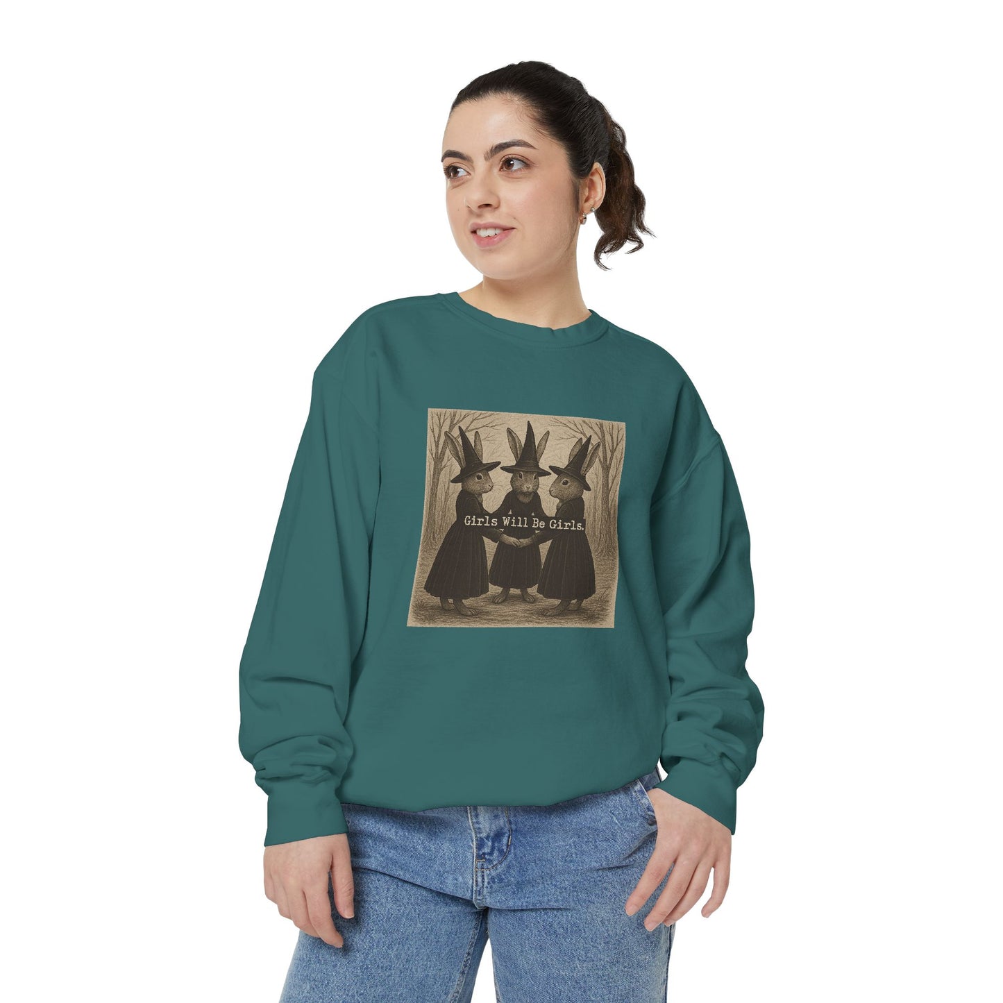 Girls Will Be Girls Rabbit Witch Circle – Garment-Dyed Bunny Sweatshirt | Halloween & Fall Collection