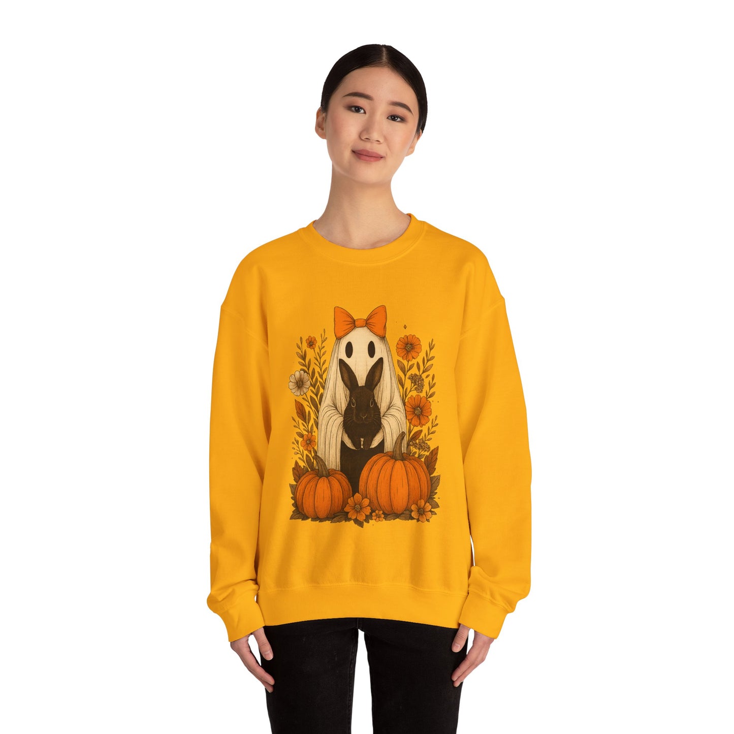 Vintage Black Rabbit with Pumpkins & Florals - Ghostly Garden Bunny Halloween Sweatshirt – Autumn Ghost Crewneck - Cozy Cute Gift
