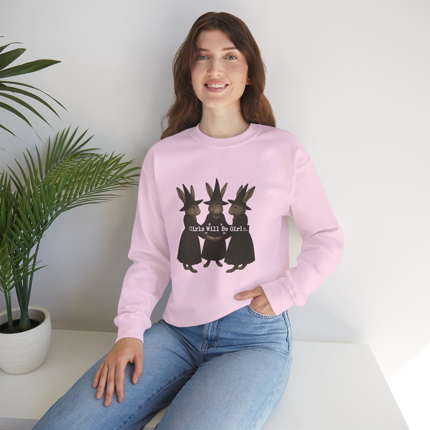 Girls Will Be Girls Witchy Rabbit Sweatshirt | Whimsical Bunny Witch Sisterhood Crewneck - Halloween & Fall Collection