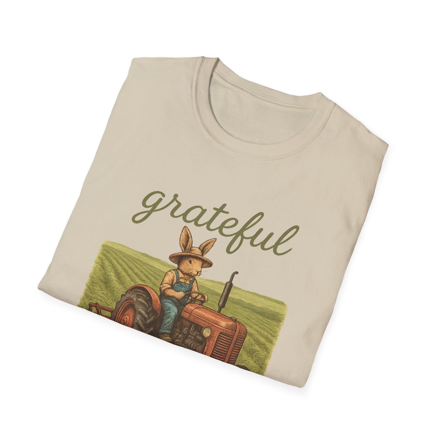 Grateful Acres Tractor Bunny Tee - Unisex Softstyle T-Shirt - Country Apparel - Farm Life Tee - Gift for Farmers & Rabbit Owners