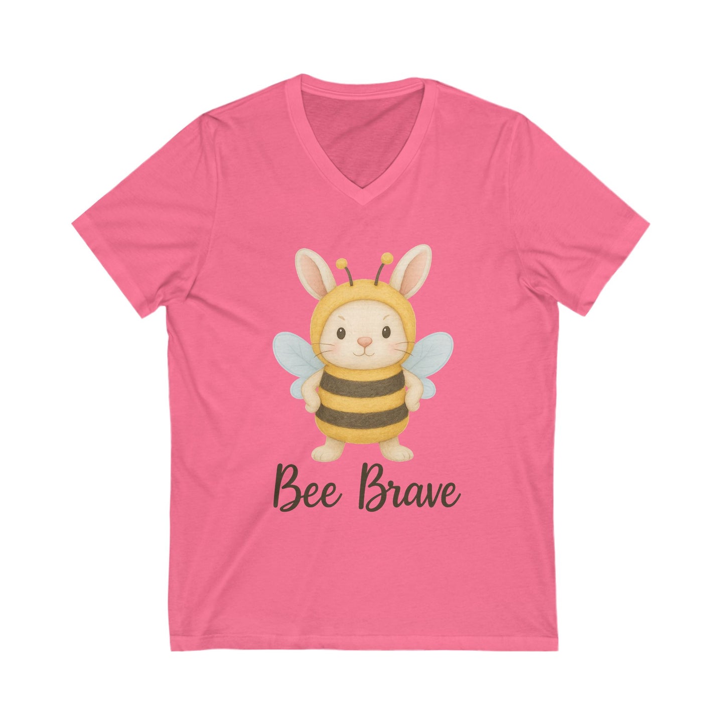Bee Brave Bunny V-Neck T-Shirt – Strong Rabbit in Bumblebee Costume - Unisex Jersey Short Sleeve Tee