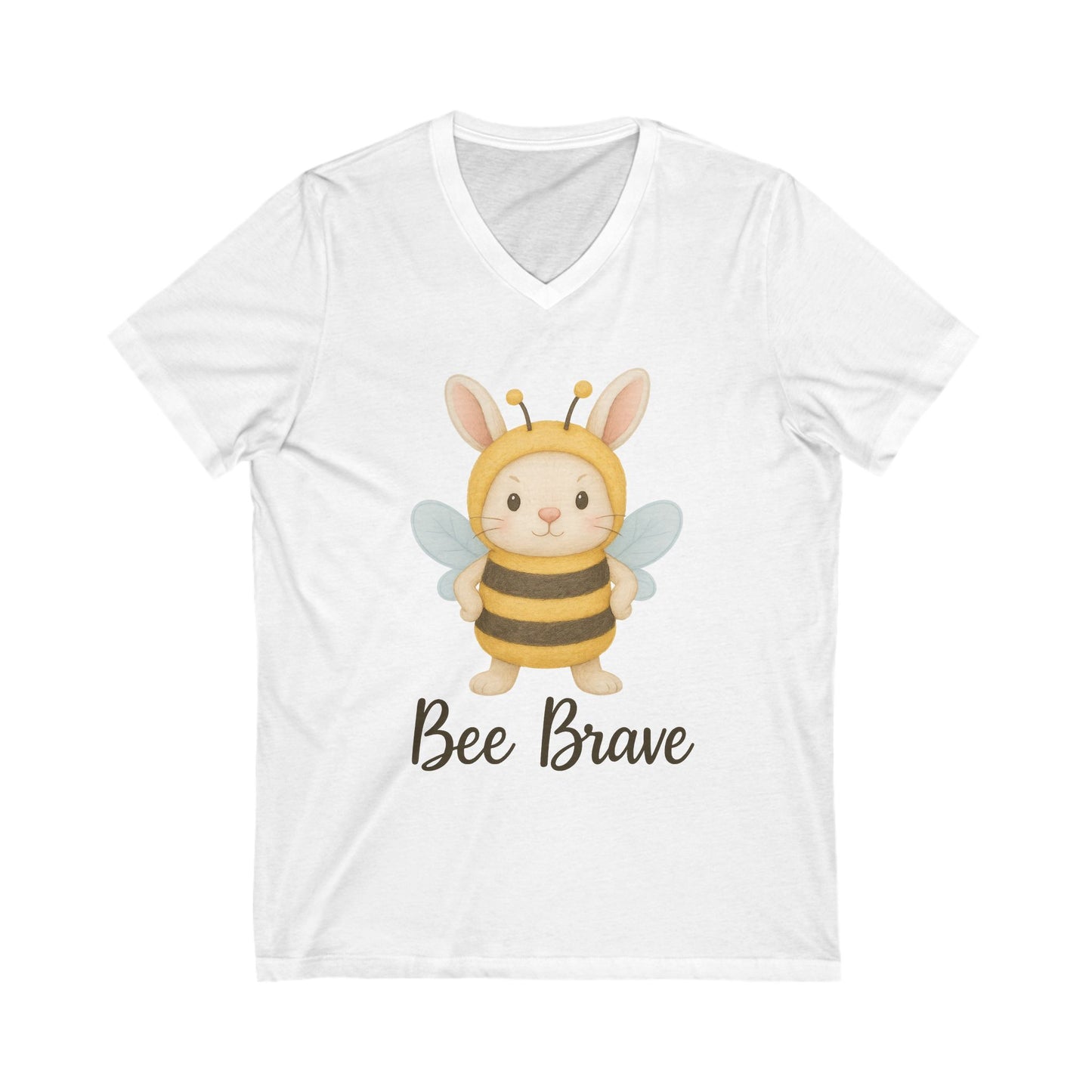 Bee Brave Bunny V-Neck T-Shirt – Strong Rabbit in Bumblebee Costume - Unisex Jersey Short Sleeve Tee