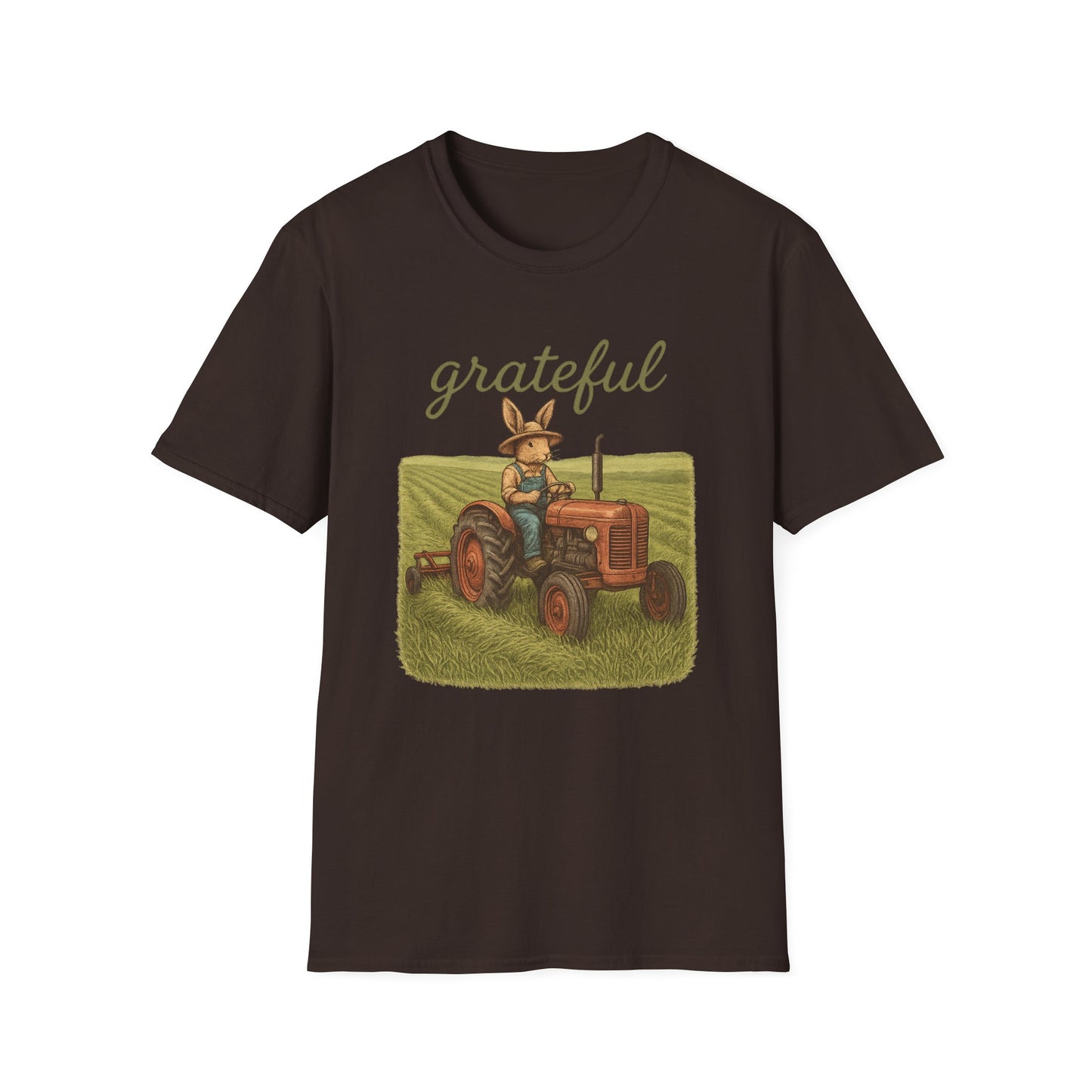 Grateful Acres Tractor Bunny Tee - Unisex Softstyle T-Shirt - Country Apparel - Farm Life Tee - Gift for Farmers & Rabbit Owners