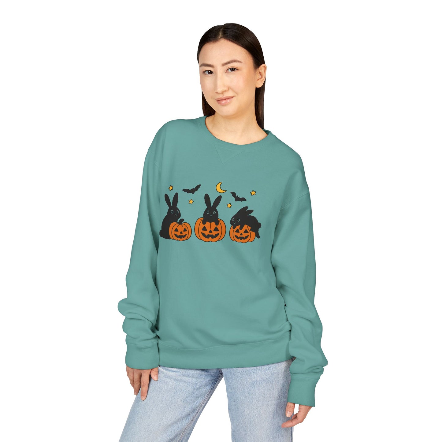 Pumpkin Patch Bunnies Halloween Sweatshirt – Rabbit & Jack-o’-Lantern Crewneck | Cozy Fall Fashion Unisex Apparel - Spooky Season Gift