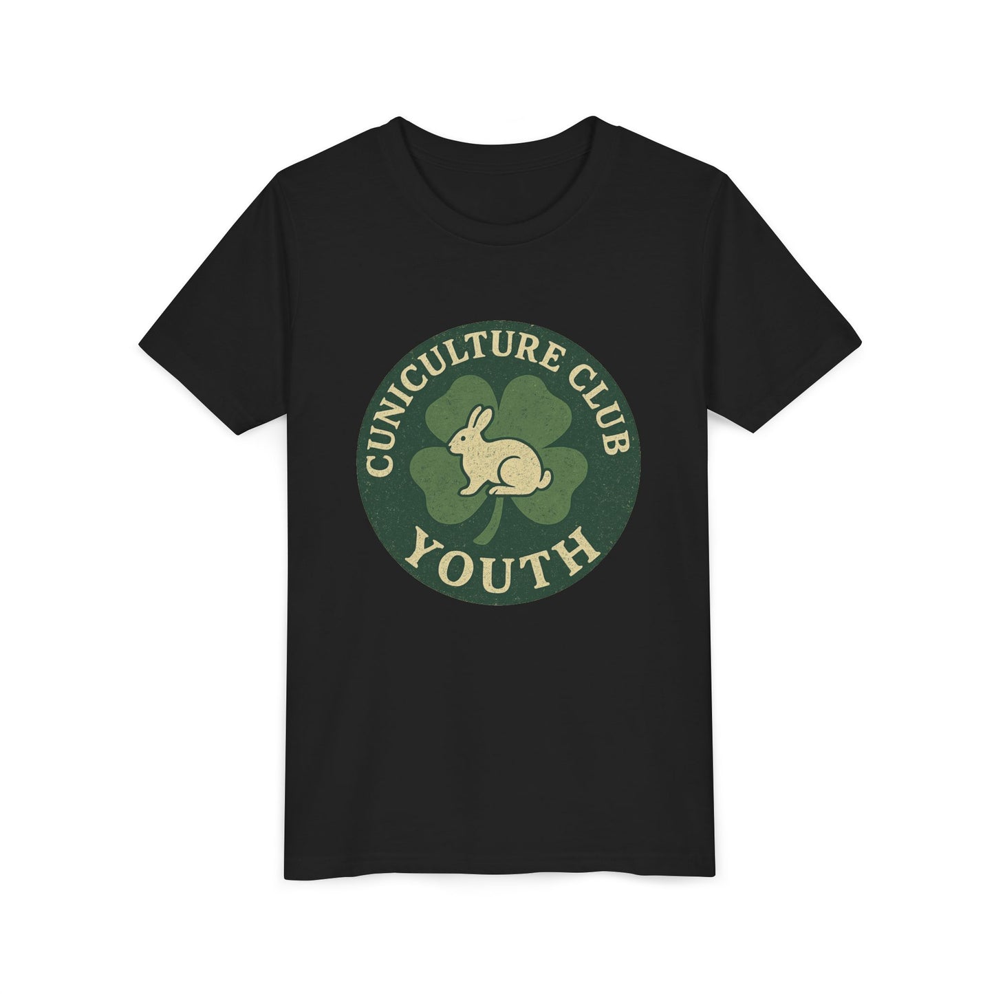 Cuniculture Club Youth Unisex T-Shirt – Distressed Clover & Bunny Emblem Tee - Fun Farm Kids Rabbit Club Shirt