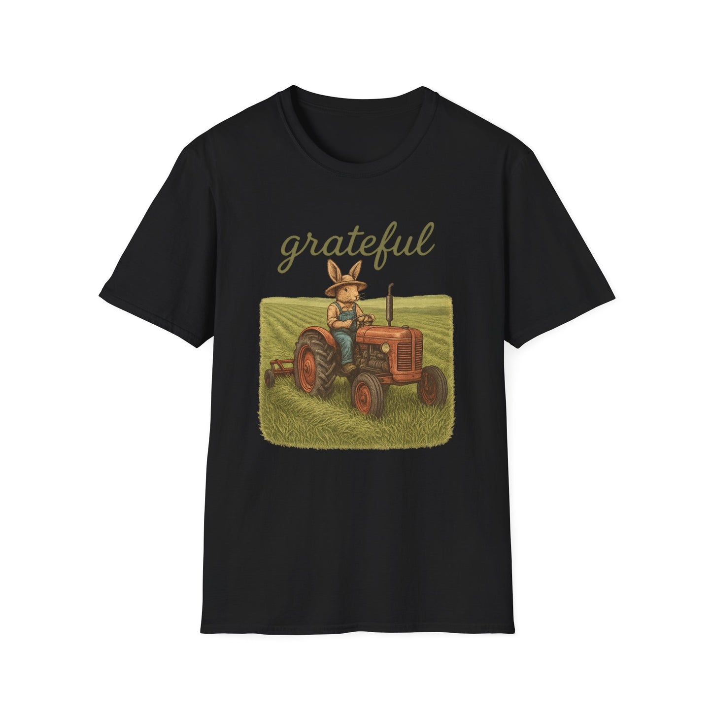 Grateful Acres Tractor Bunny Tee - Unisex Softstyle T-Shirt - Country Apparel - Farm Life Tee - Gift for Farmers & Rabbit Owners