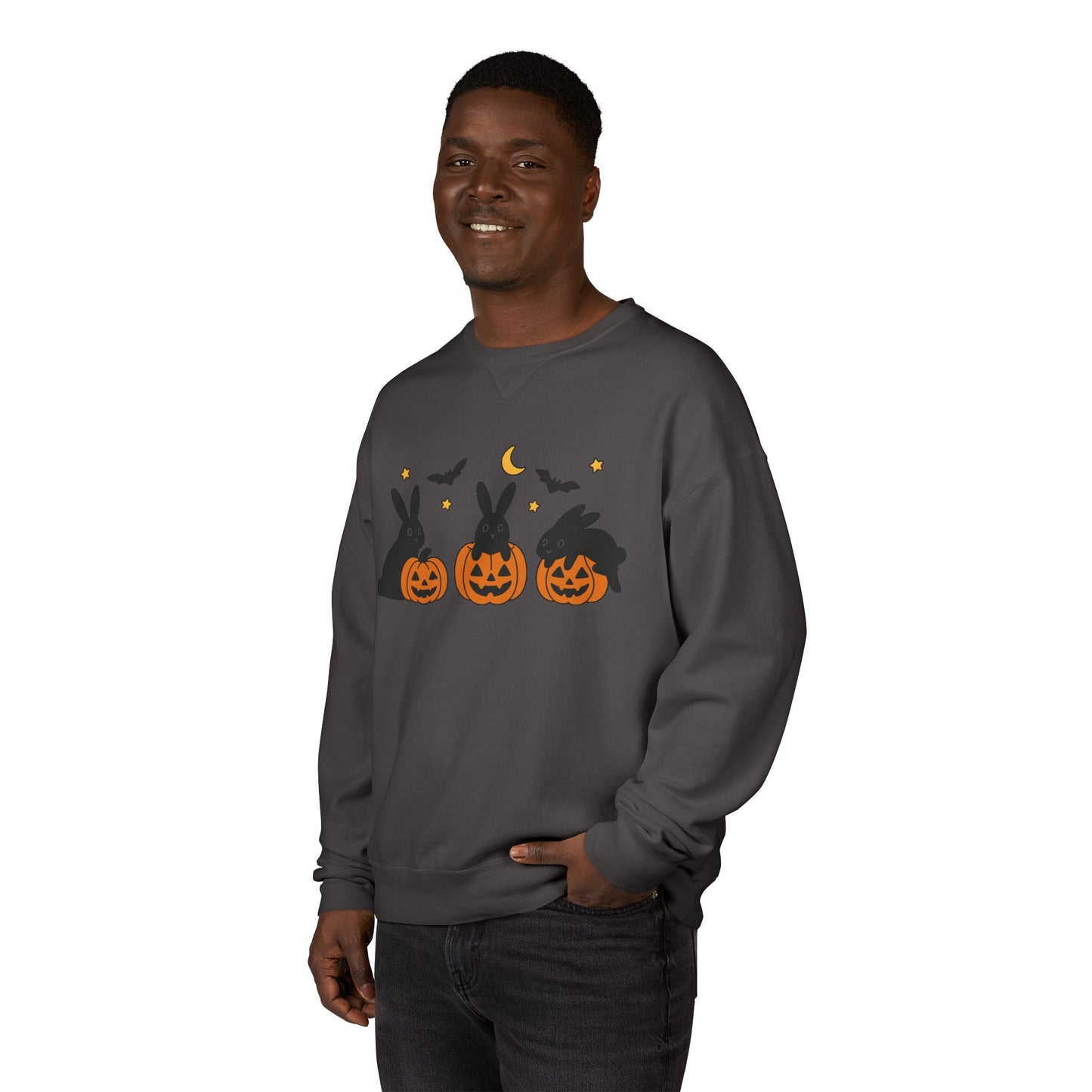 Pumpkin Patch Bunnies Halloween Sweatshirt – Rabbit & Jack-o’-Lantern Crewneck | Cozy Fall Fashion Unisex Apparel - Spooky Season Gift