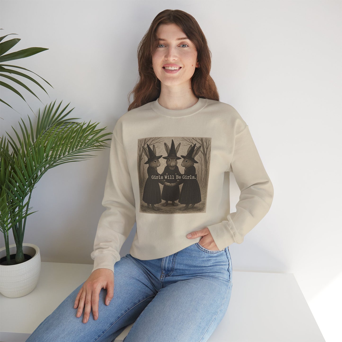 Girls Will Be Girls – Witchy Rabbit Crewneck Sweatshirt | Cozy Whimsical Rabbit Sweatshirt for Girls & Women - Halloween & Fall Collection