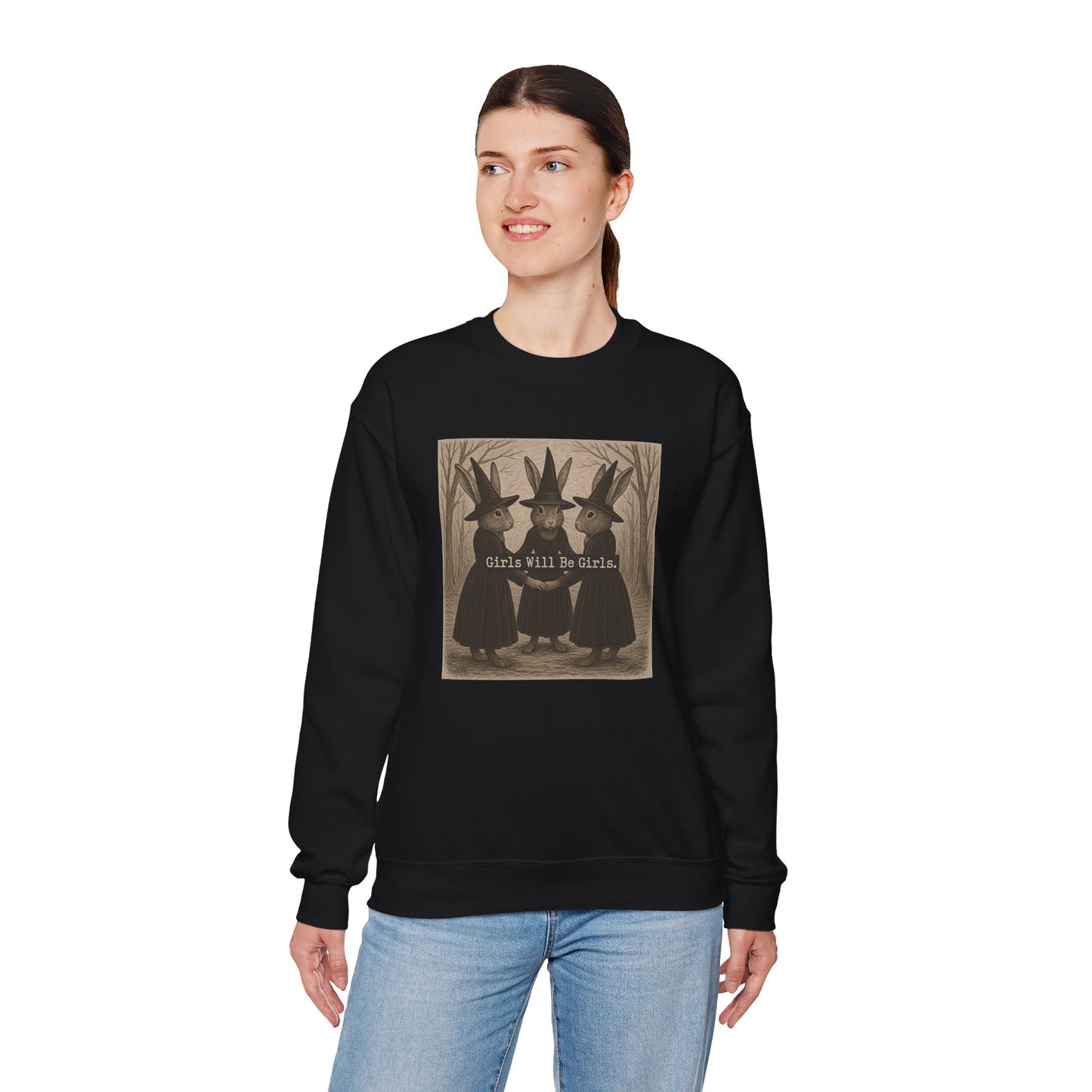 Girls Will Be Girls – Witchy Rabbit Crewneck Sweatshirt | Cozy Whimsical Rabbit Sweatshirt for Girls & Women - Halloween & Fall Collection
