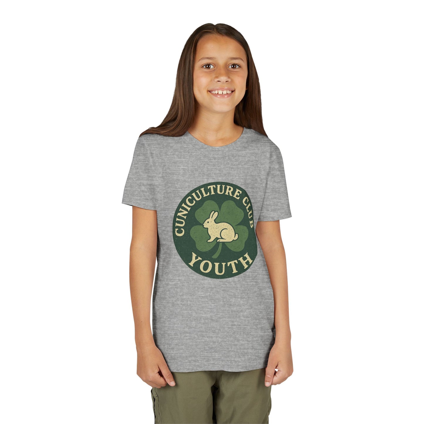 Cuniculture Club Youth Unisex T-Shirt – Distressed Clover & Bunny Emblem Tee - Fun Farm Kids Rabbit Club Shirt