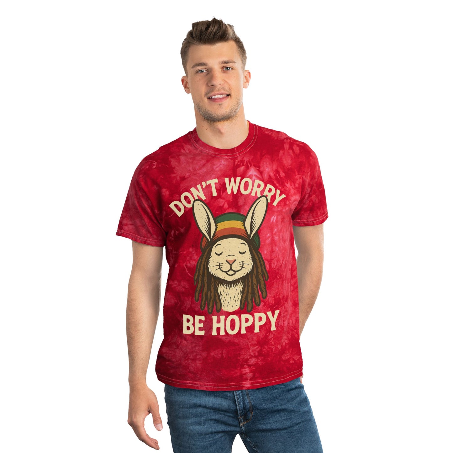Don’t Worry Be Hoppy Tie-Dye Bunny Tee - Rasta Rabbit Reggae Hipster Shirt - Bohemian Style Top - Unisex Summer Tee - Vacation Outfit