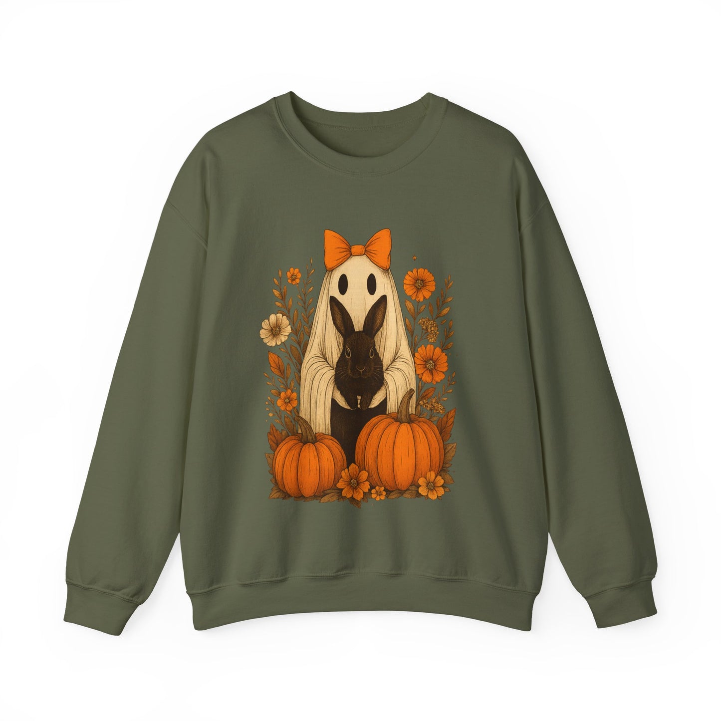 Vintage Black Rabbit with Pumpkins & Florals - Ghostly Garden Bunny Halloween Sweatshirt – Autumn Ghost Crewneck - Cozy Cute Gift