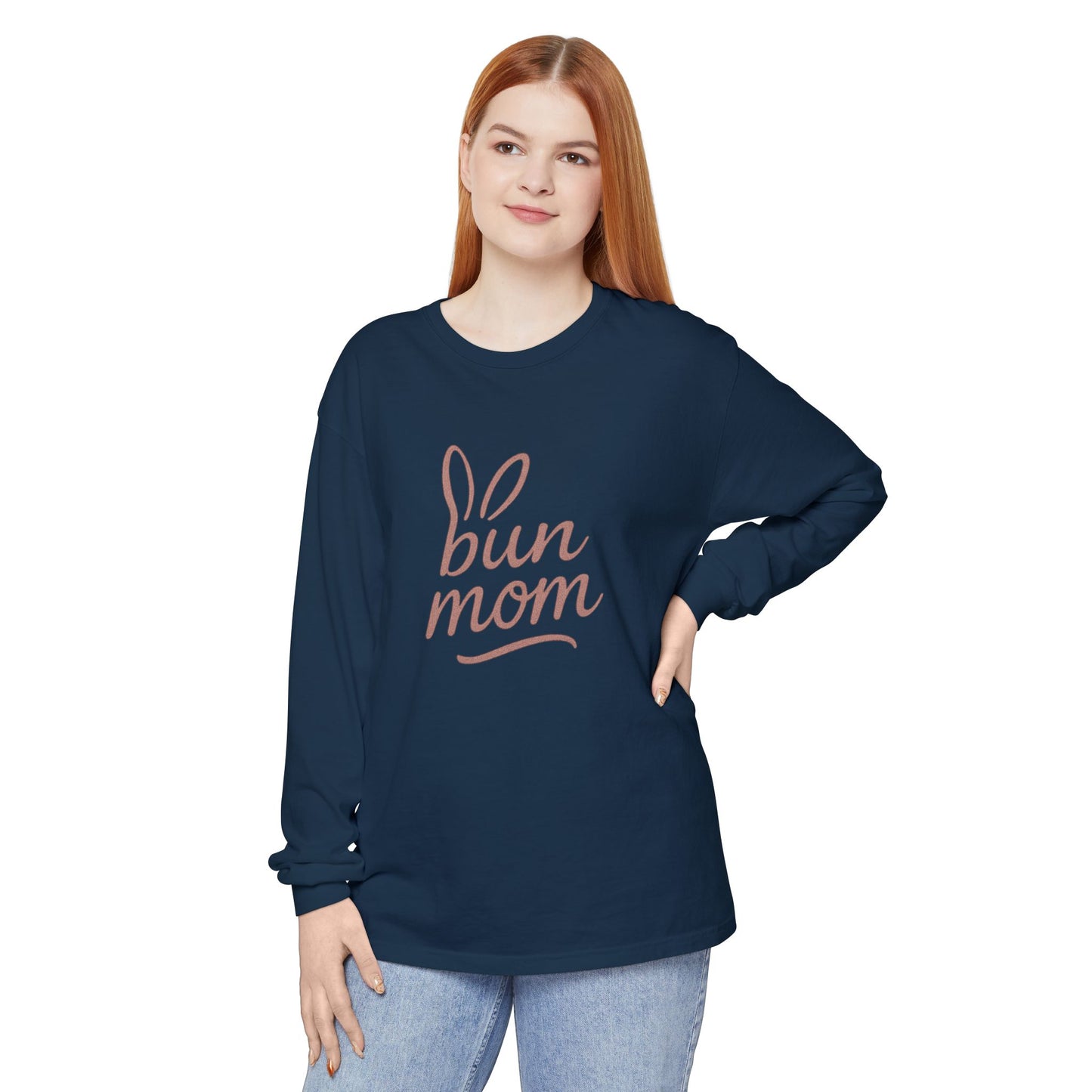 Bun Mom Long Sleeve T-Shirt | Rabbit Ears Vintage Dusty Rose Ink Script Tee - Bunny Lovers Gift Idea
