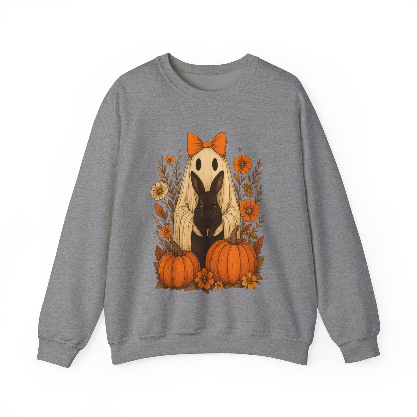 Vintage Black Rabbit with Pumpkins & Florals - Ghostly Garden Bunny Halloween Sweatshirt – Autumn Ghost Crewneck - Cozy Cute Gift