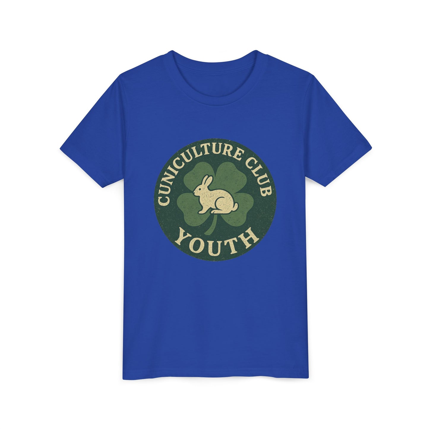 Cuniculture Club Youth Unisex T-Shirt – Distressed Clover & Bunny Emblem Tee - Fun Farm Kids Rabbit Club Shirt