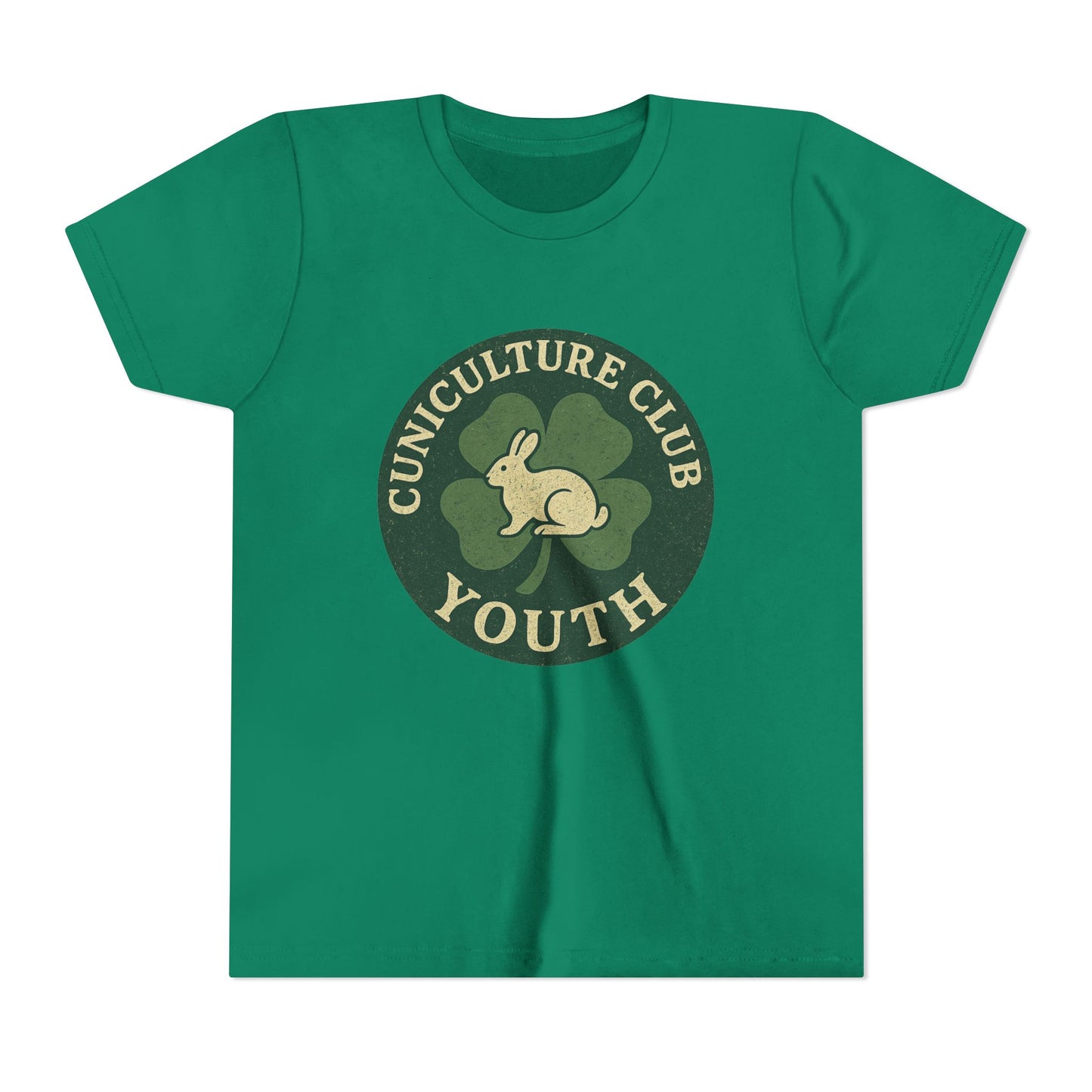 Cuniculture Club Youth Unisex T-Shirt – Distressed Clover & Bunny Emblem Tee - Fun Farm Kids Rabbit Club Shirt