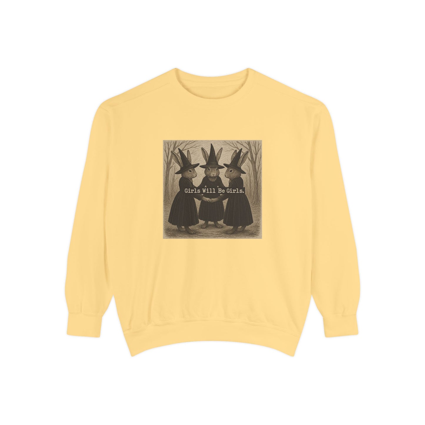 Girls Will Be Girls Rabbit Witch Circle – Garment-Dyed Bunny Sweatshirt | Halloween & Fall Collection