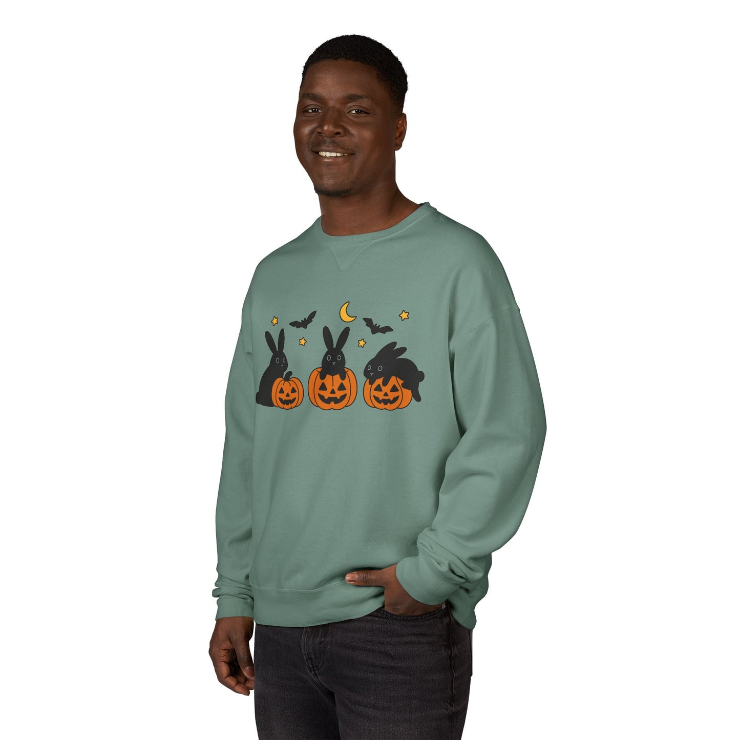 Pumpkin Patch Bunnies Halloween Sweatshirt – Rabbit & Jack-o’-Lantern Crewneck | Cozy Fall Fashion Unisex Apparel - Spooky Season Gift