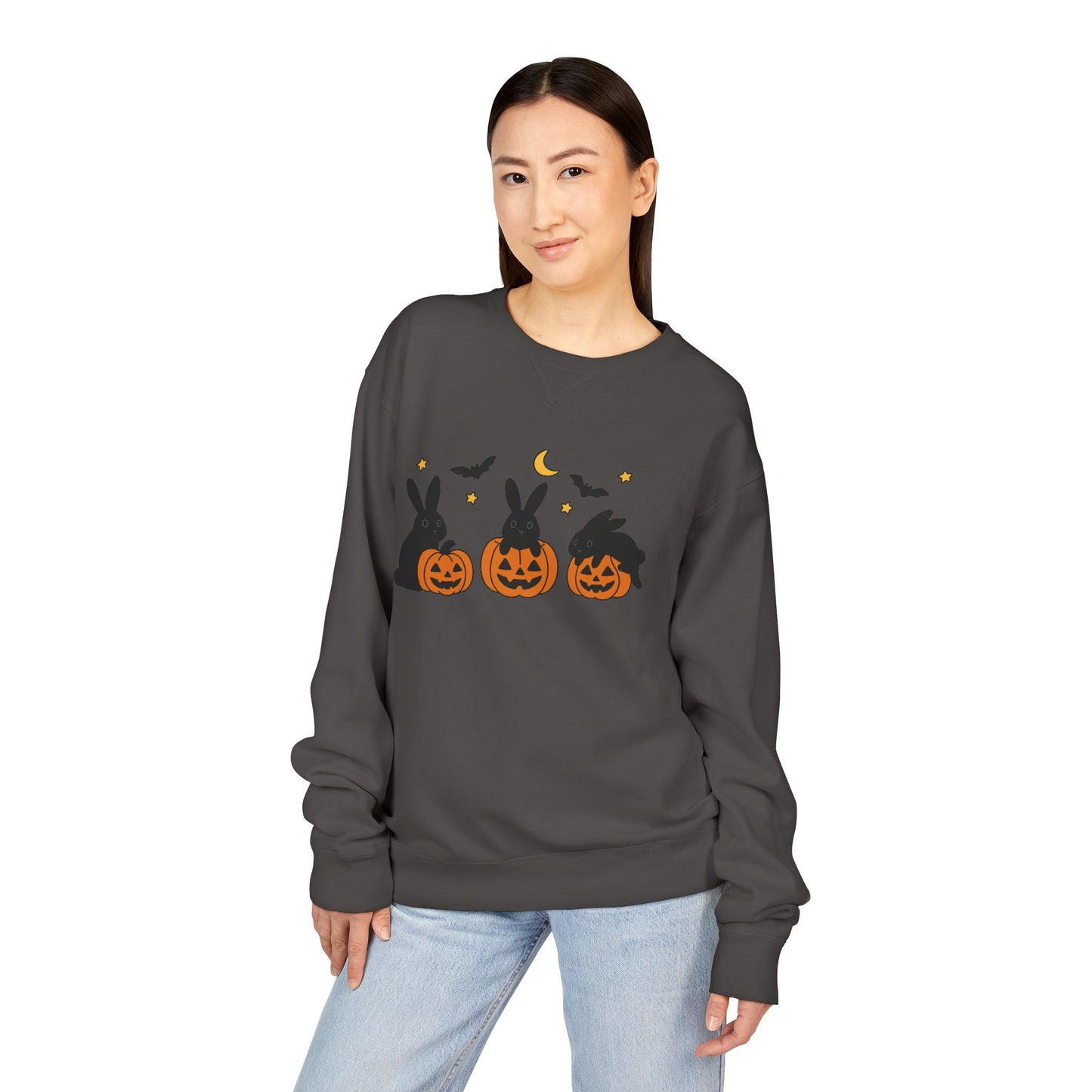 Pumpkin Patch Bunnies Halloween Sweatshirt – Rabbit & Jack-o’-Lantern Crewneck | Cozy Fall Fashion Unisex Apparel - Spooky Season Gift