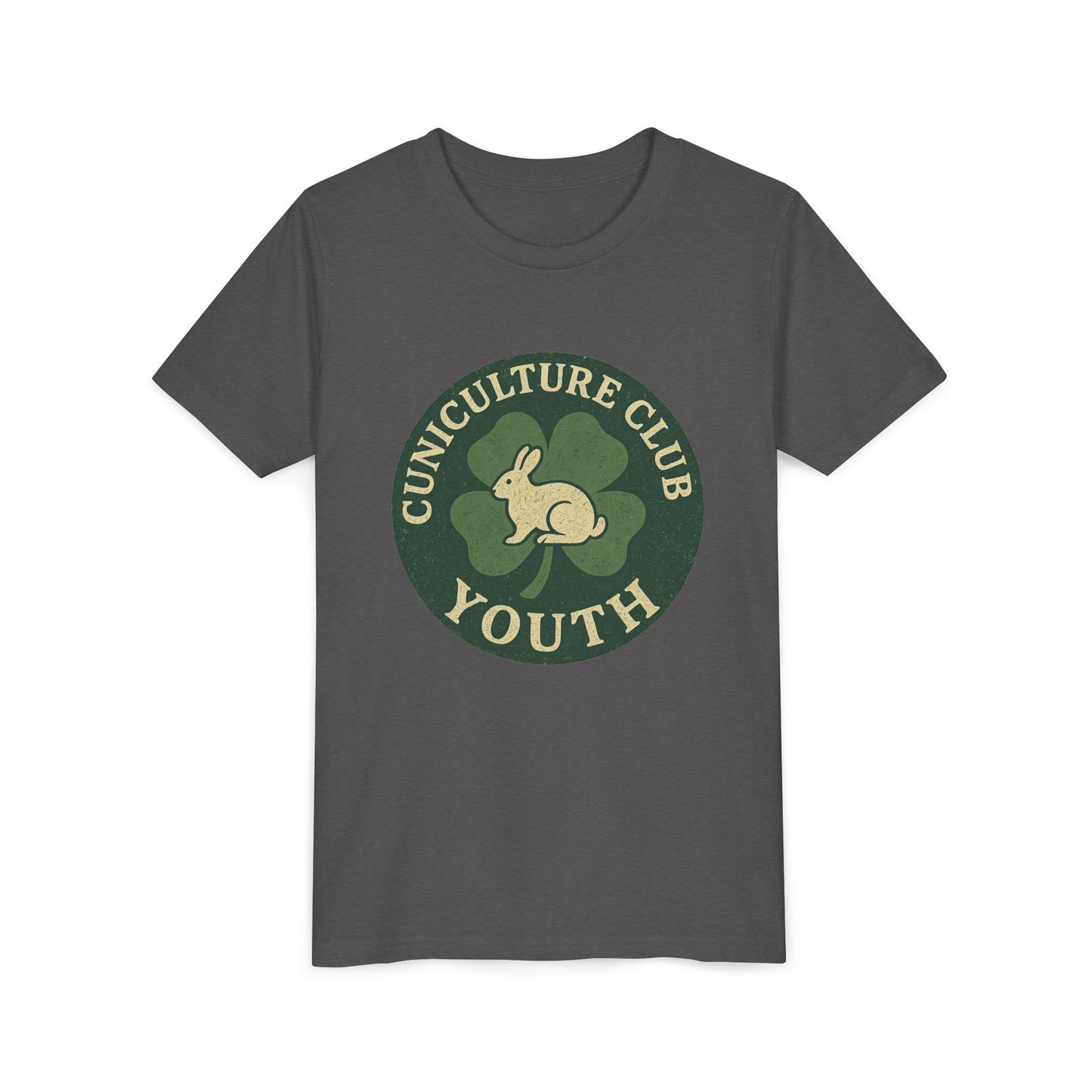 Cuniculture Club Youth Unisex T-Shirt – Distressed Clover & Bunny Emblem Tee - Fun Farm Kids Rabbit Club Shirt