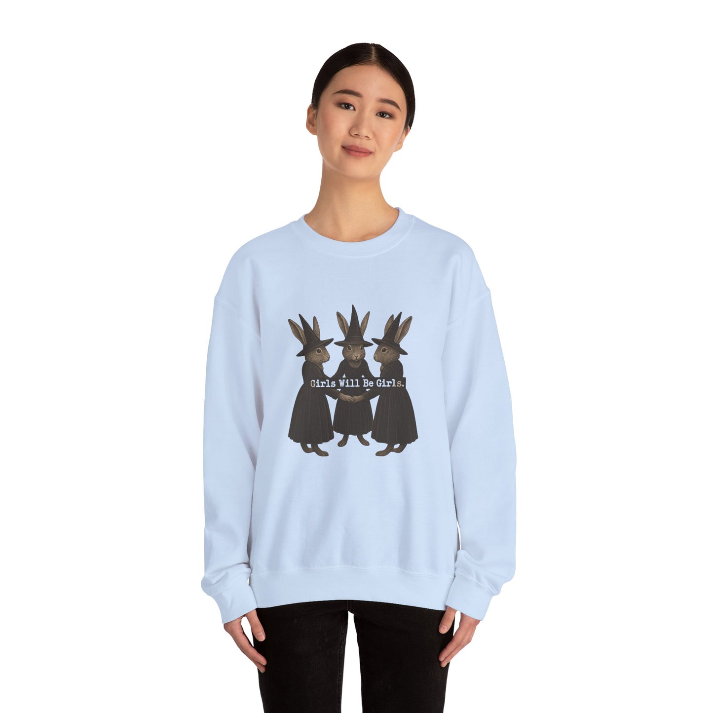 Girls Will Be Girls Witchy Rabbit Sweatshirt | Whimsical Bunny Witch Sisterhood Crewneck - Halloween & Fall Collection