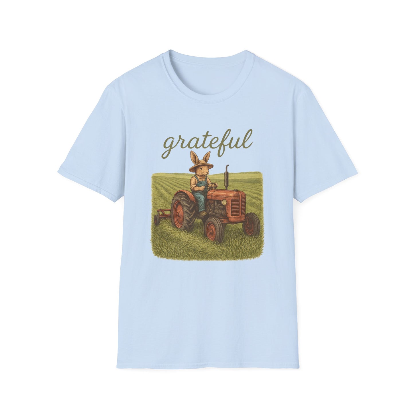 Grateful Acres Tractor Bunny Tee - Unisex Softstyle T-Shirt - Country Apparel - Farm Life Tee - Gift for Farmers & Rabbit Owners