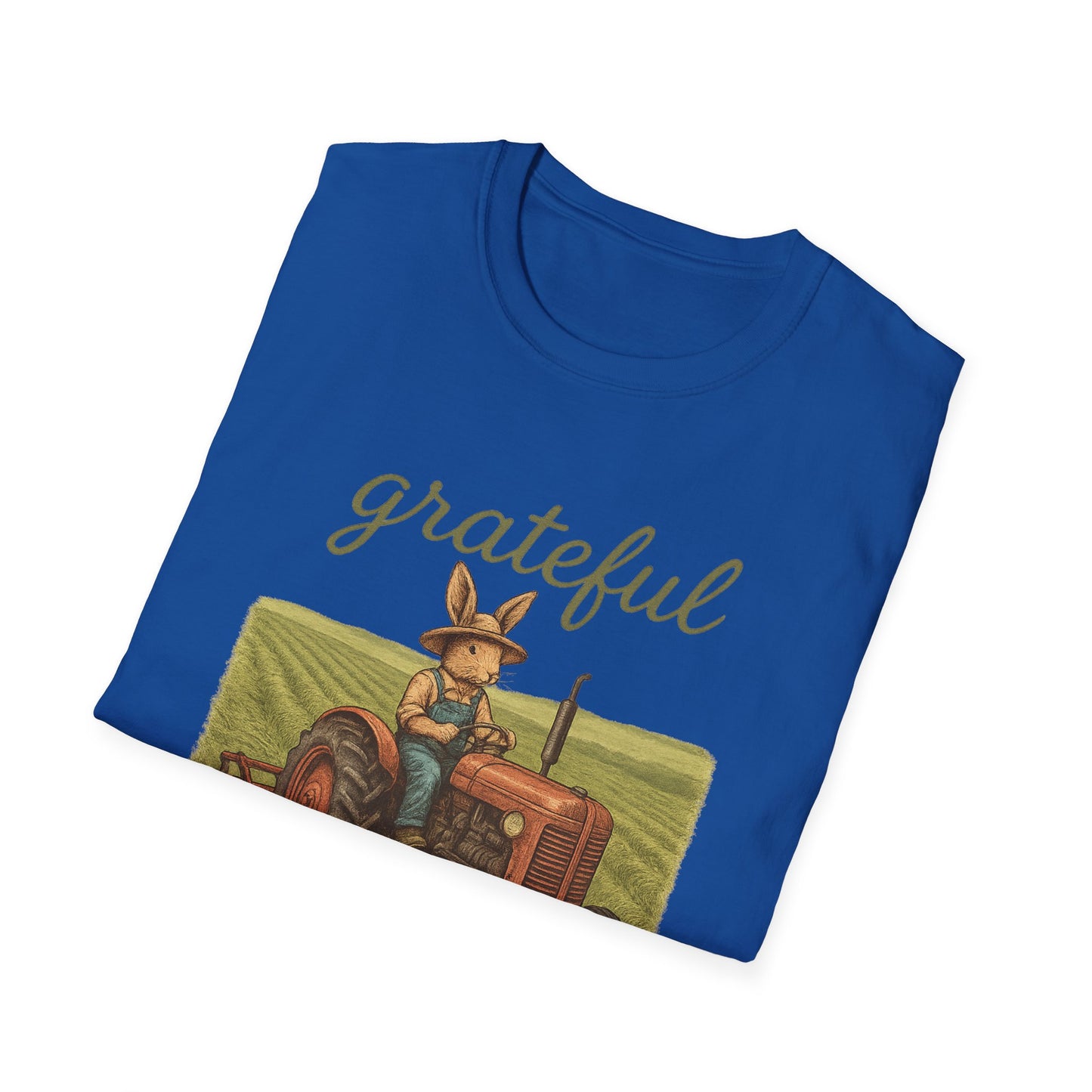 Grateful Acres Tractor Bunny Tee - Unisex Softstyle T-Shirt - Country Apparel - Farm Life Tee - Gift for Farmers & Rabbit Owners