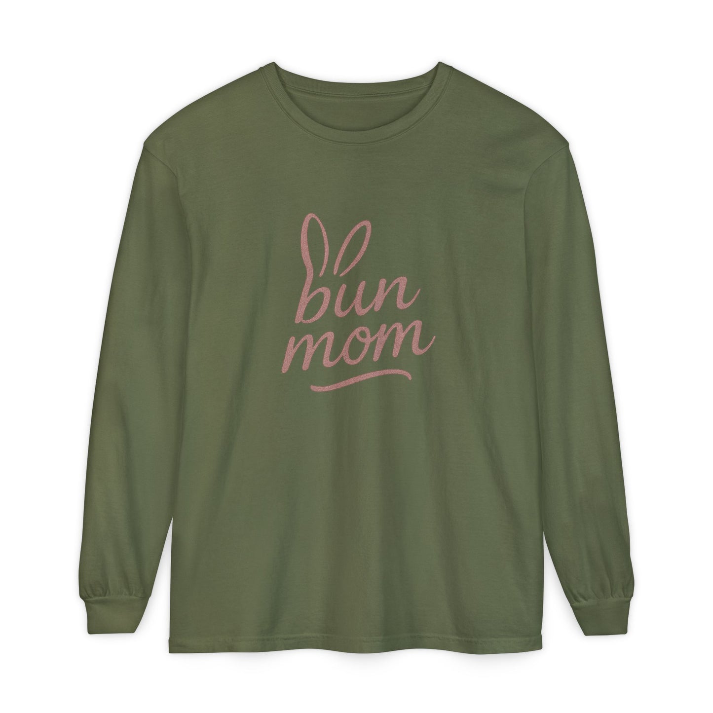 Bun Mom Long Sleeve T-Shirt | Rabbit Ears Vintage Dusty Rose Ink Script Tee - Bunny Lovers Gift Idea